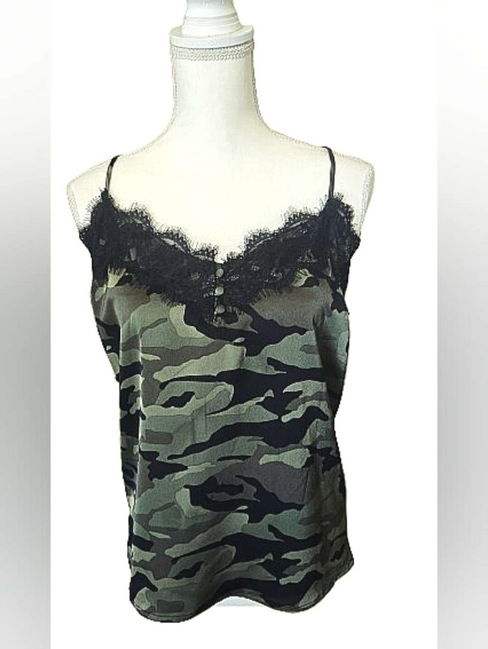 No Boundaries Camouflage Cami with Black Lace